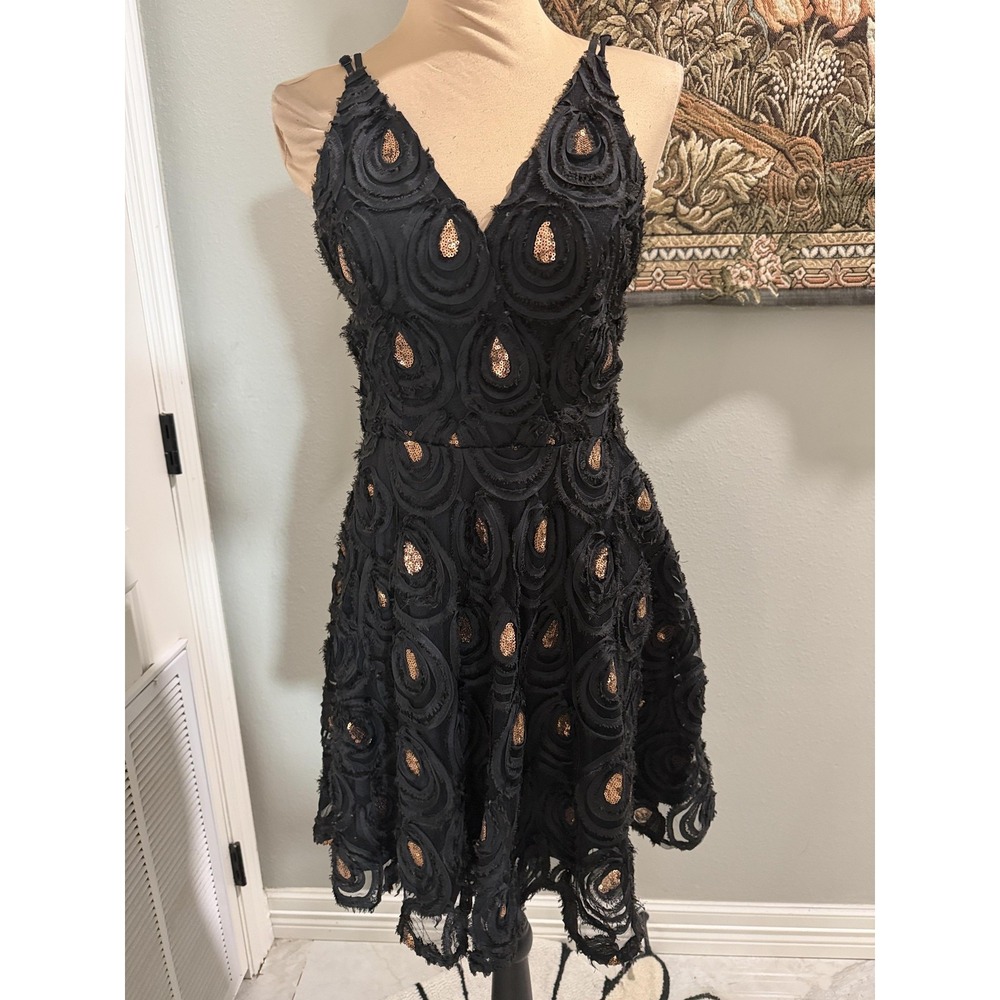 Soiéblu Dress Womens Small Black Sequin Paisley Mesh Fit Flare Mini Party